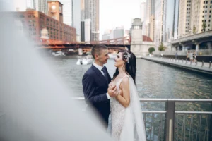 Edited wedding photo of a couple in the city