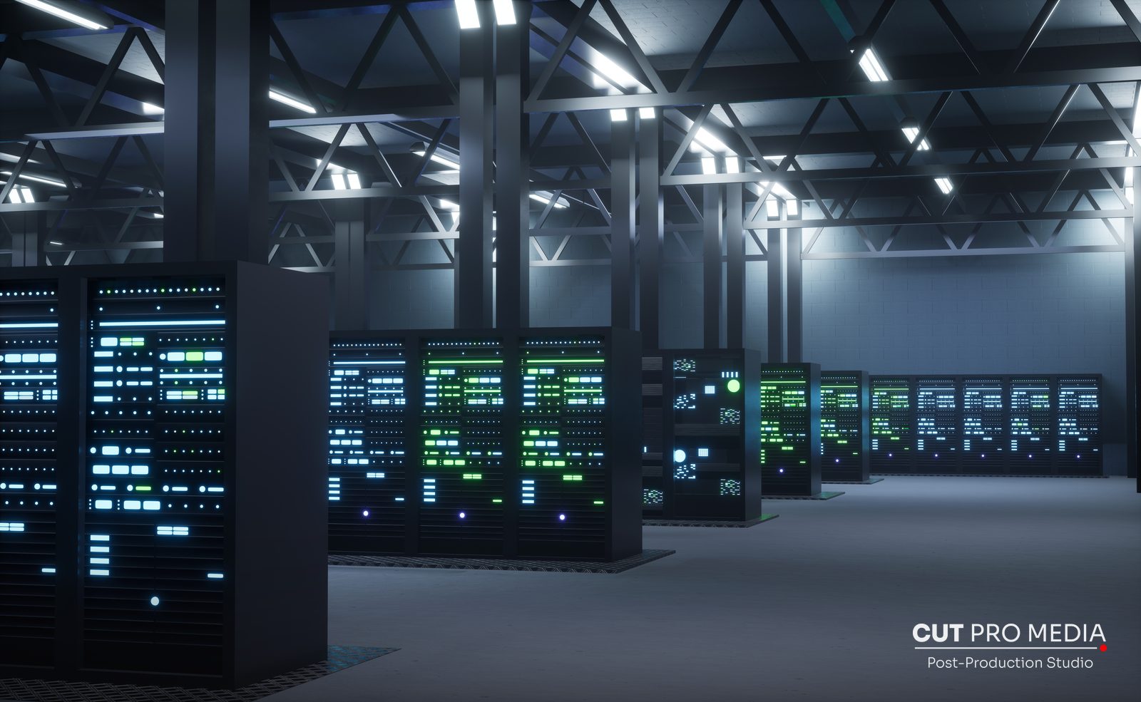 Rows of servers in an AI data centre