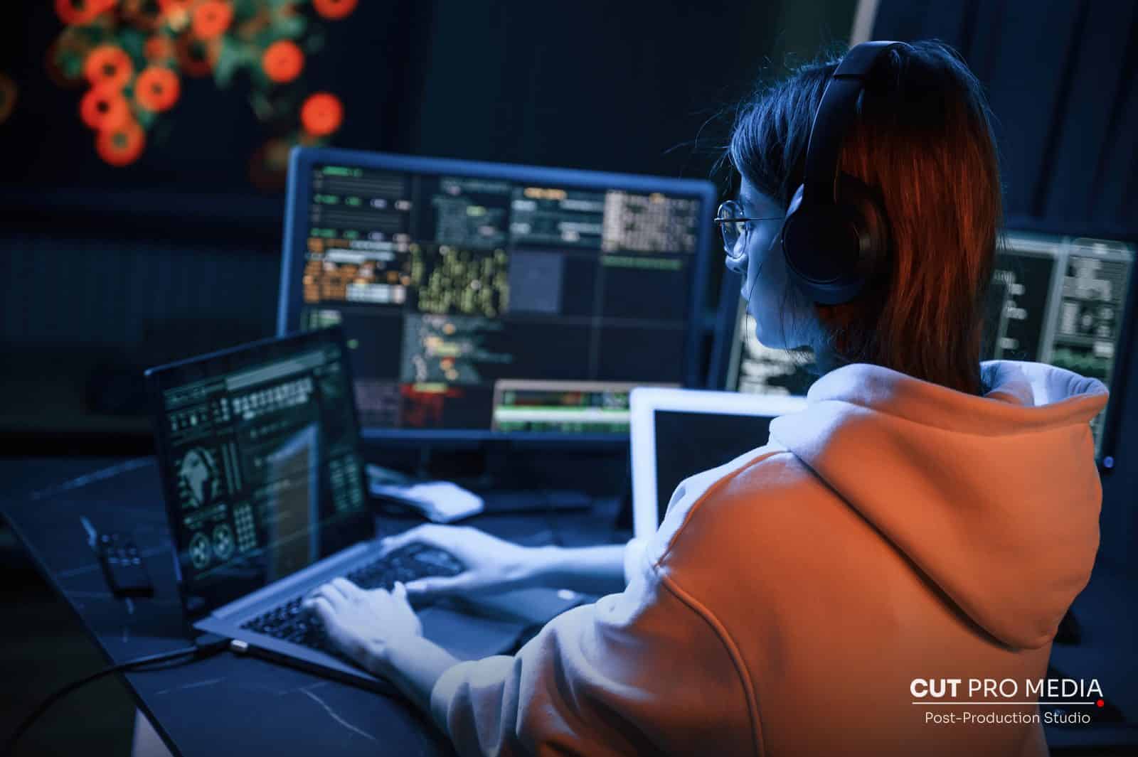 Video editor working late at a multi-screen workstation