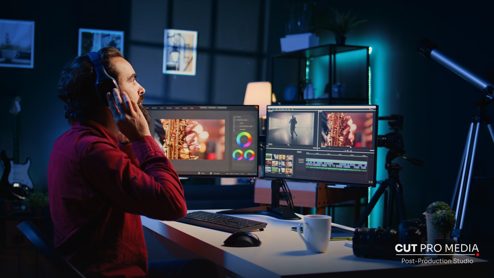 Post-production editor working across two monitors